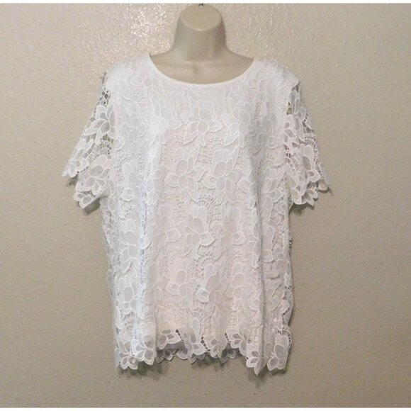 Philosophy Lace Overlay Top XL White Floral Short Sleeve Scoop Neck Lined - Picture 7 of 9